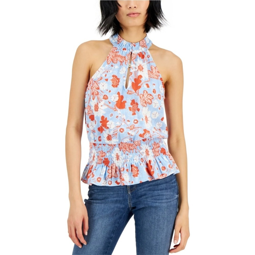 INC Smocked Halter Top Floral Keyhole Sleeveless Blouse XL‎ NWT